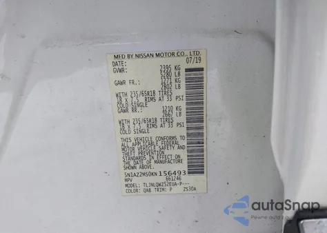 2019 Nissan Murano Sv z USA, uszkodzony, nr VIN 5N1AZ2MS0KN156493